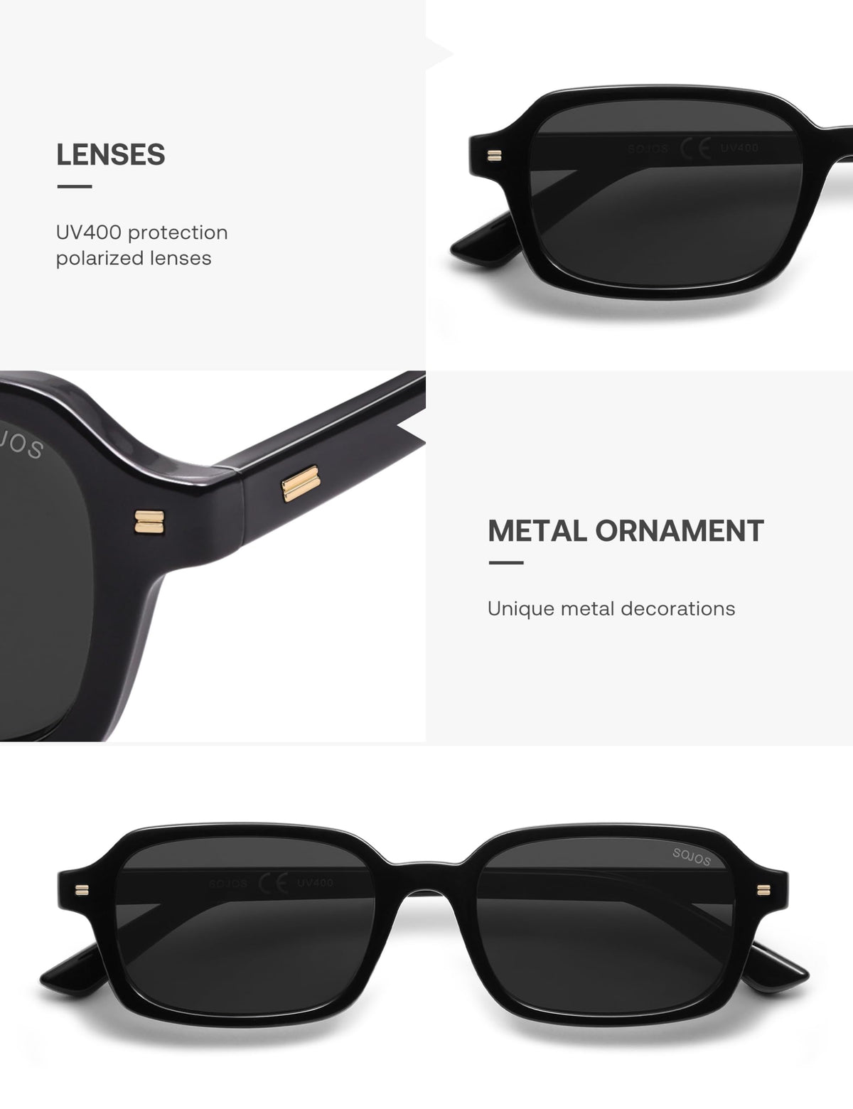SOJOS Retro Rectangular Polarized Sunglasses Womens Mens, 80s 90s Small Trendy Slim Narrow Square Sunnies SJ2610, Black/Grey