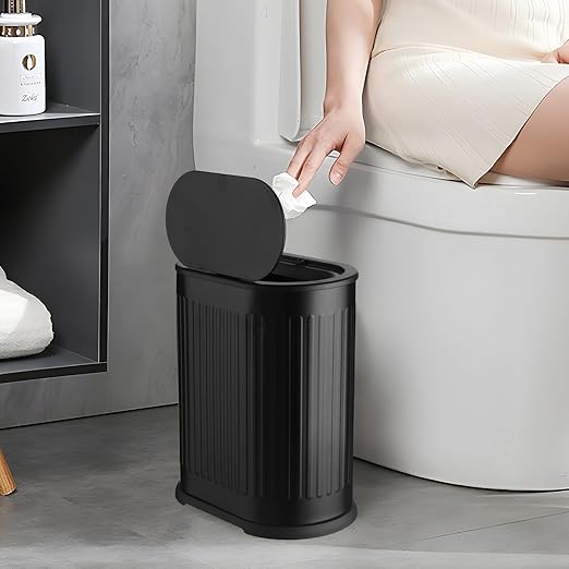 Anzoymx Bathroom Trash Cans Black Stainless Steel Small Garbage Can with Pop up Lid, 1.8 Gallons Dog Proof Narrow Wastebasket, Slim Litter Trash Bins for Bedroom, Toilet, Office