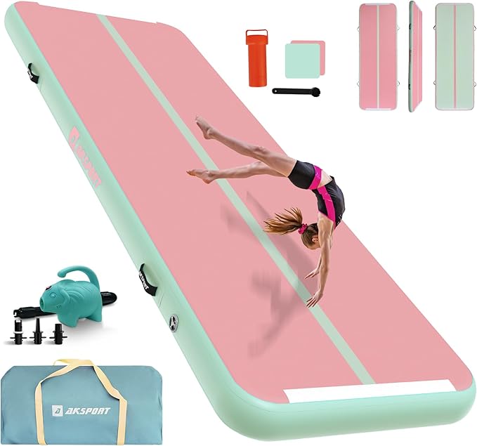 AKSPORT Inflatable Gymnatsics Mat Tumble Track 10ft 13ft 16ft 20ft 23ft Air Tumbling Mat with Air Pump for Home Use/Training/Cheerleading/Yoga
