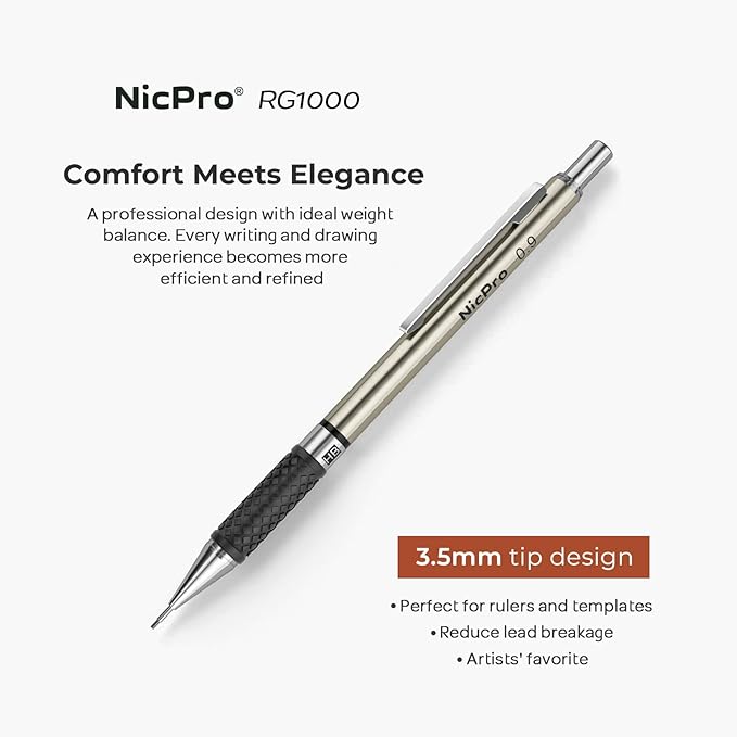 Nicpro RG1000 0.9 mm Art Mechanical Pencil Set in Storage Case, 3 PCS Metal Drafting Pencil Lead Pencil with 6 Tube HB Refills, 3 Erasers, 9 PCS Eraser Refills for Artist Writing, Drawing, Sketching
