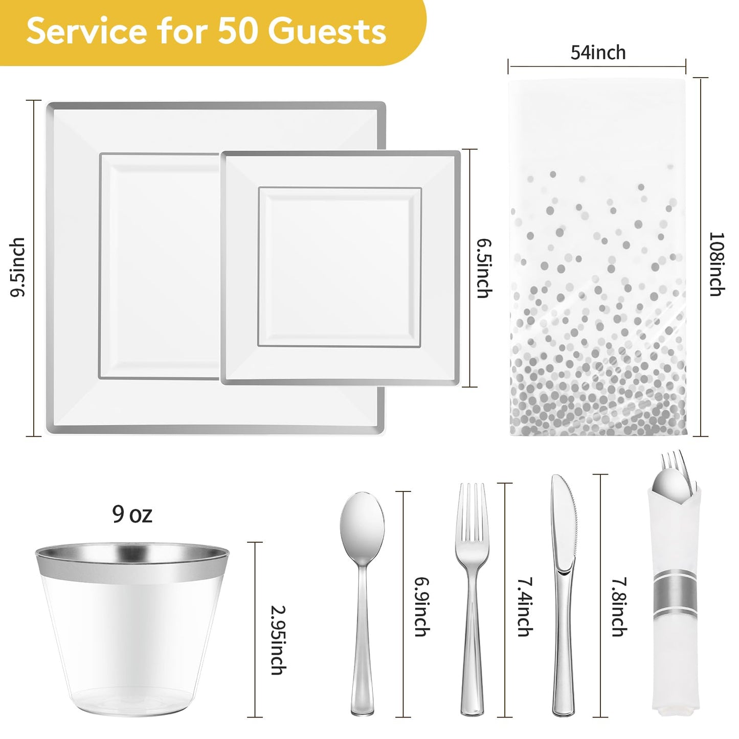 Goodluck 352 Pieces Silver Dinnerware Set for 50 Guests, Square Plastic Plates with Silver Trim, Include: 100 Plastic Plates, 50 Rolled Napkins, 50 Cups, 50 Cutlery Set and 2 Tablecloth
