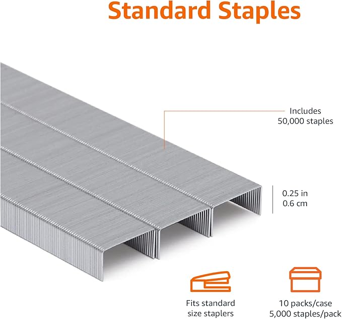 Amazon Basics Standard Stapler Staples, 1/4" Length, 50000 Count, 10-Pack of 5000, Silver