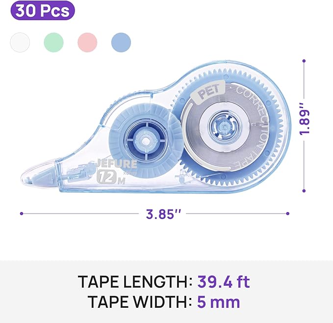 30 Pcs Colorful Core Correction Tape, 39.37 Ft White Wrong Out Tear-Resistant Bulk, Instant Corrections Easy to Use Applicator for School, Office, Note Taking, Journal (Tape Width 0.2 in)