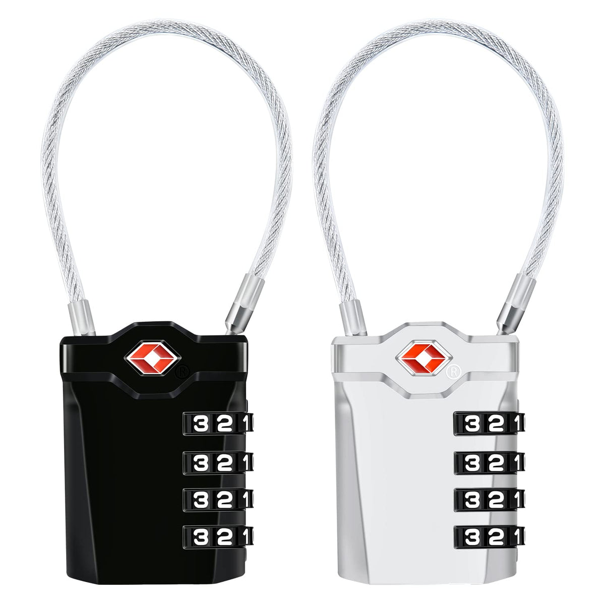 2 Packs TSA Luggage Locks with 14cm Flexible Cable, Diyife 4-Digit Combination Lock Security Padlock Travel Lock for Suitcase Luggage Backpack School or Gym Cabinet, etc. (Black & Sliver)