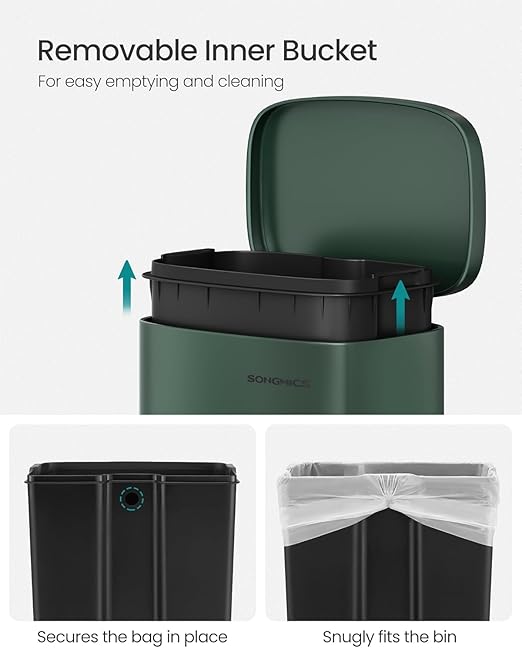 SONGMICS Trash Can with Lid, 8 Gallon Garbage Can, Stainless Steel Small Waste Bin with Step Pedal and Inner Bucket, Soft Close, Kitchen, Retro Green ULTB003C01