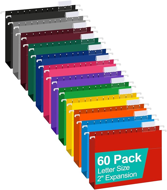 HERKKA Extra Capacity Hanging File Folders, 60 Pack Reinforced Letter Size Hanging Folders with Heavy Duty 2 Inch Expansion, Designed for Bulky Files, Medical Charts, 12 Assorted Colors