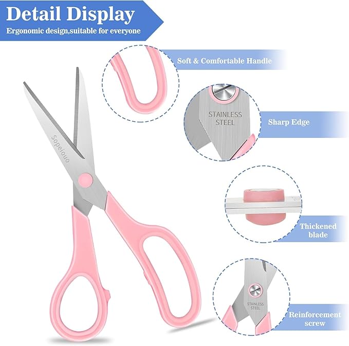 Scissors Set of 6-Pack, 8" Scissors All Purpose Comfort-Grip Handles, Sharp Scissor for Office Home School Craft Sewing Fabric Supplies, High/Middle School Student Teacher, Right/Left Hand