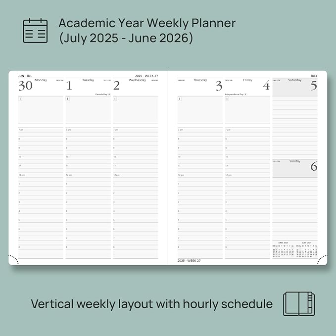 POPRUN Planner 2025-2026, (Large 8.5'' x 10.5'' Hard Cover) Academic Calendar (July 25-June 26) Daily Weekly and Monthly Appointment Book with Hourly Time Slots, Monthly Tabs, 100 GSM - Burgundy