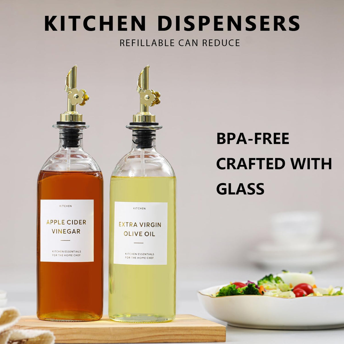HOMCDALY Olive Oil Dispenser for Kitchen, 11.8oz Glass Dispenser Bottles with Pourer for Kitchen, Oil and Vinegar Dispensers Set, Leakproof Oil Bottle for Cooking| Set of 2 (16oz)
