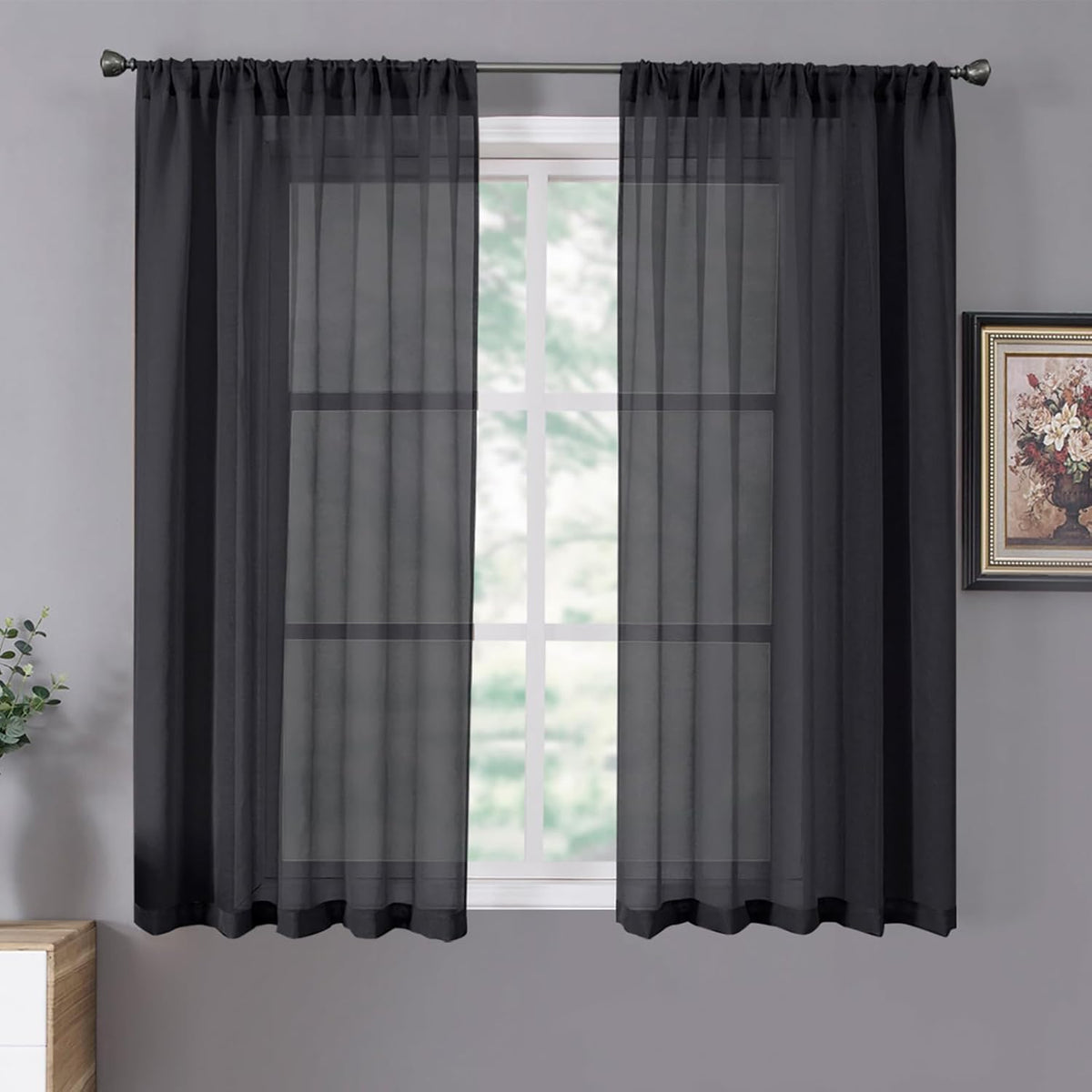Tollpiz Sheer Curtains Linen Textured Bedroom Curtain Sheers Light Filtering Rod Pocket Voile Curtains for Living Room, 54 x 63 inches Long, Black, Set of 2 Panels