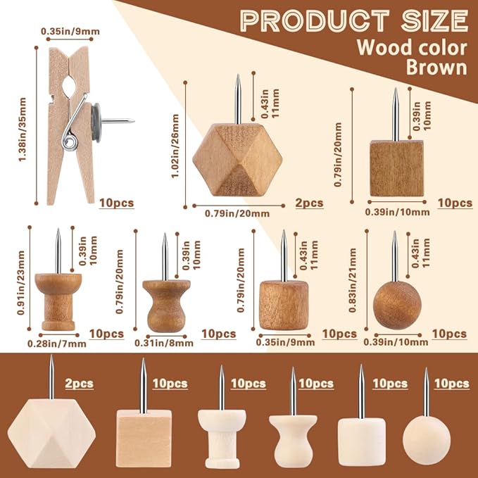 114 Pcs Wood Push Pins, 2 Colors and 7 Types Decorative Thumb Tacks Wooden Head Pin Map Tacks Marking Pin, Wood Thumb Tacks Decorative for Bulletin Boards Craft Projects with Storage Box