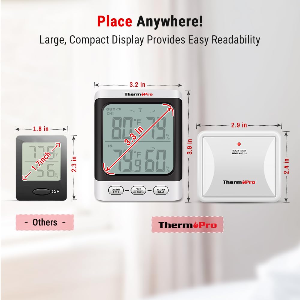 ThermoPro Indoor Outdoor Thermometer Wireless, 500 ft Outside Thermometer with Cold-Resistant Sensor, Outdoor Thermometers for Patio Waterproof with 3.3" LCD Display, Backlit Outdoor Temperature Gauge