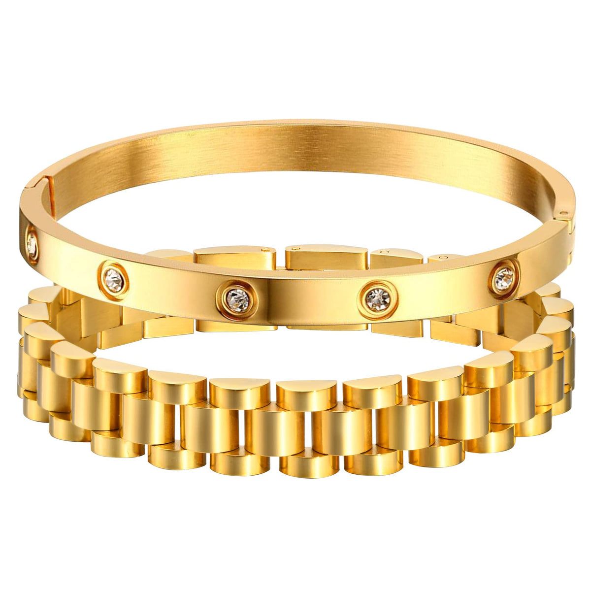 MPRAINBOW 2pcs Gold Chain Link Bracelet, Stainless Steel Crystal Friendship Bracelets Bangle,Watch Band Chains Wristband Jewelry with Adjust Tool