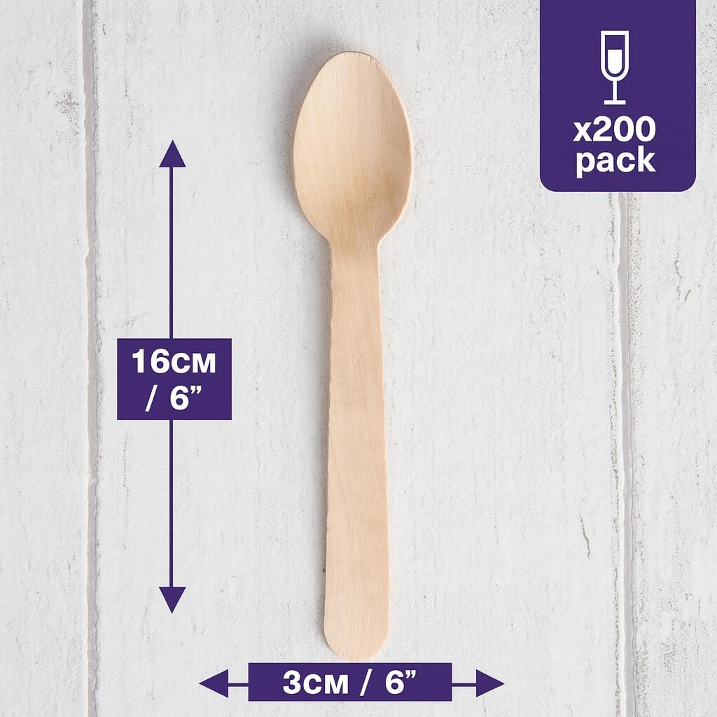 MATANA - 100% Natural Disposable Bamboo Wooden Spoons 6.3" Inch (200 Pack) - Compostable Cutlery, Biodegradable Utensils for Garden Parties & Summer Events