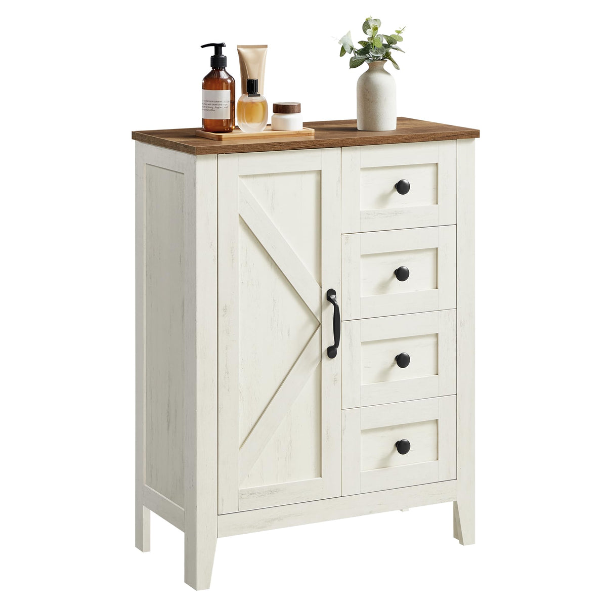 VASAGLE LIRY Collection - Storage Cabinet, Farmhouse Bathroom Floor Cabinet with 4 Drawers, Freestanding Storage Organizer, Barn Door, Adjustable Shelf, Rustic White, UBBK753W01