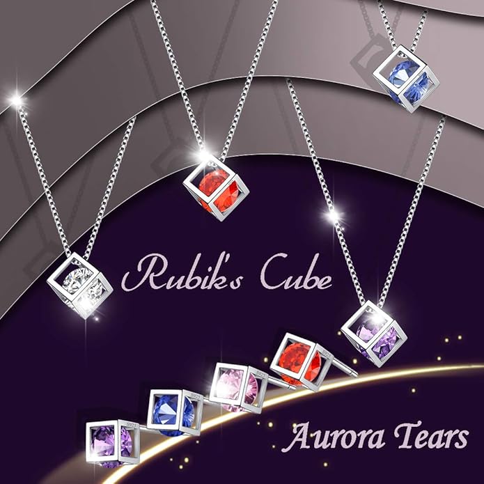 Aurora Tears Birthstone Necklace/Earring 925 Sterling Silver Women Cross/3D Cube/Cresent Moon Birth Stone Jewelry Mens Birthday Gift Anniversary Present
