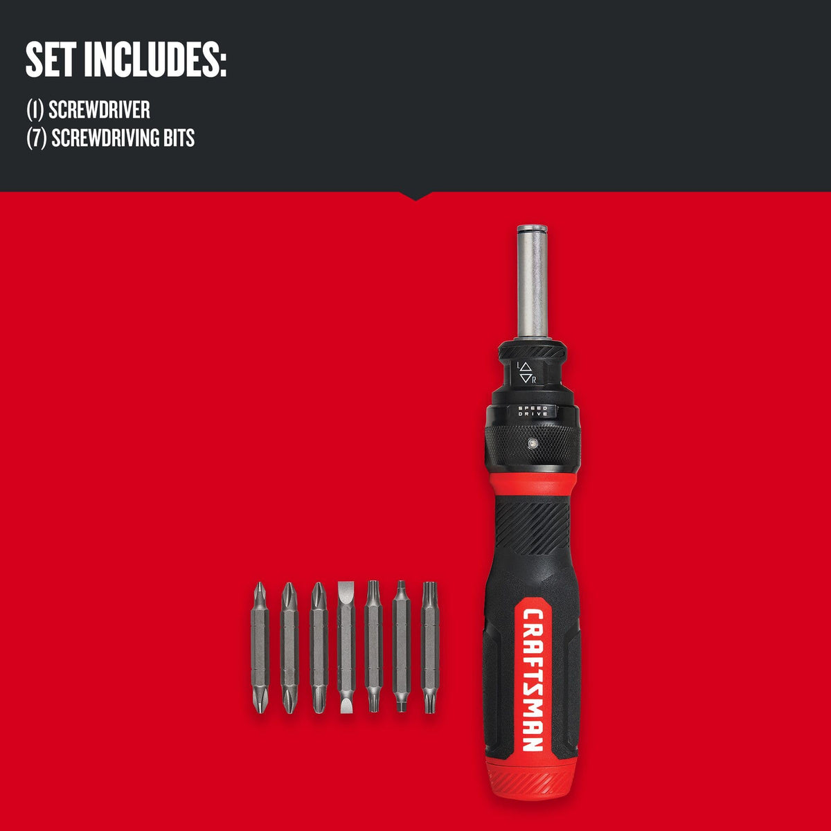 CRAFTSMAN Ratcheting Screwdriver, SpeedDrive, 2” Double Ended Bits Included, Handle Holds Up To 6 Bits (CMHT68129)