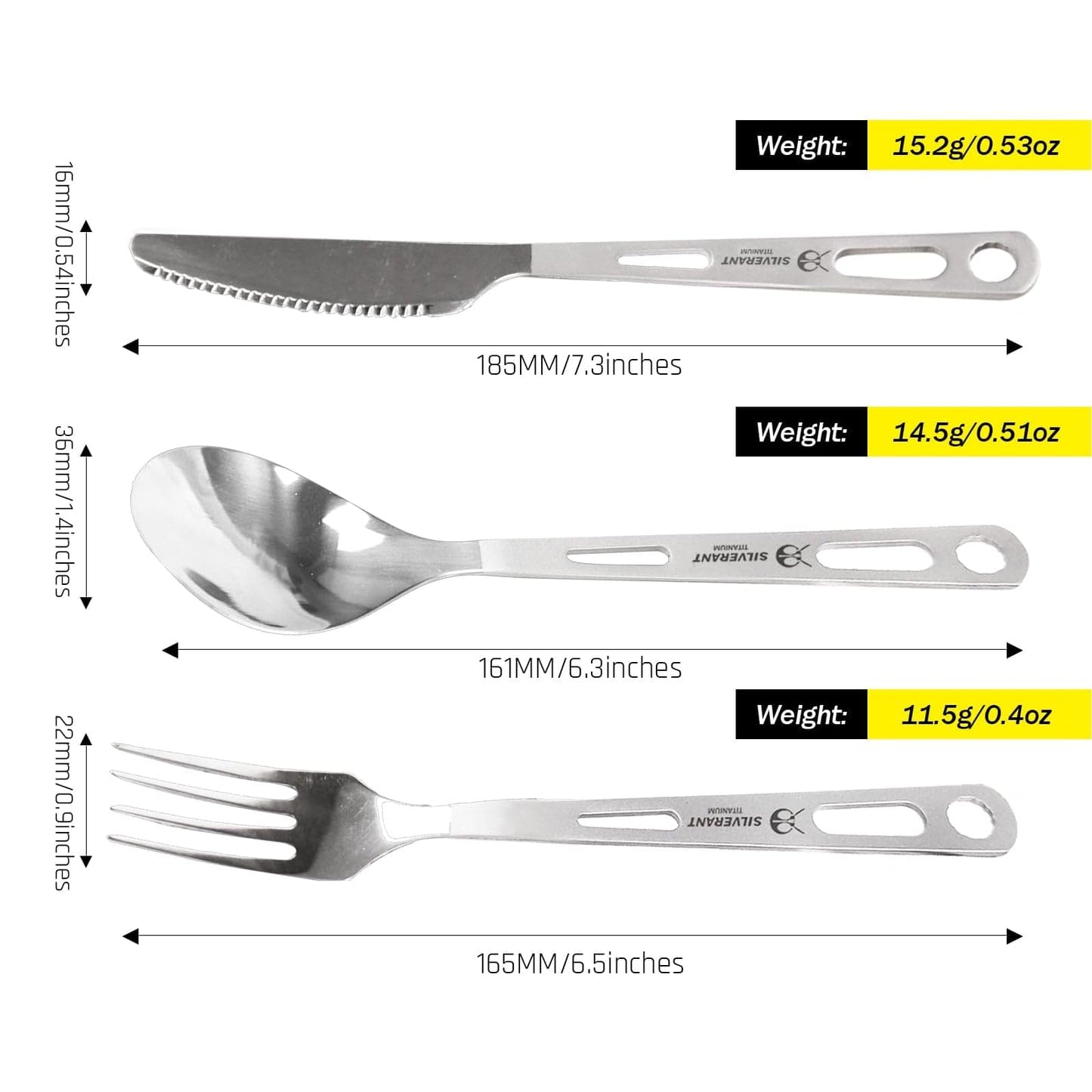 SILVERANT Titanium Camping Flatware, Knife Fork & Spoon 3 Piece Camping Cutlery Set Lightweight Tableware for Lunch Box Outdoor Camping & Hiking, Comes with Drawstring Bag & Carabiner- Polished