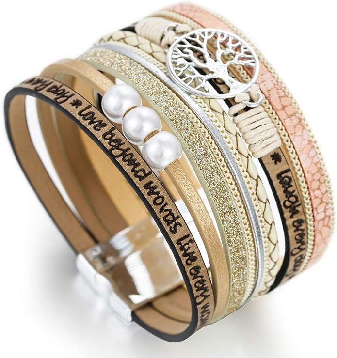 Fesciory Leather Wrap Bracelets for Women, Boho Leopard Multi-Layer Crystal Beads Cuff Bracelet Jewelry