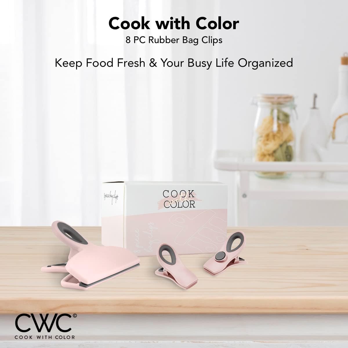 COOK WITH COLOR Bag Clips - Heavy Duty Chip Clip and Refrigerator Magnet Clips for Food Storage with Air Tight Seal Grip, Pink, Pack of 8