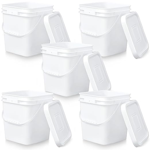 Mumufy 5 Pcs 3.5 Gallon Square Food Grade Bucket with Lid Square Bucket Pail with Plastic Handles for Storing Dry Food, Charcoal, Camping, Fishing (White)