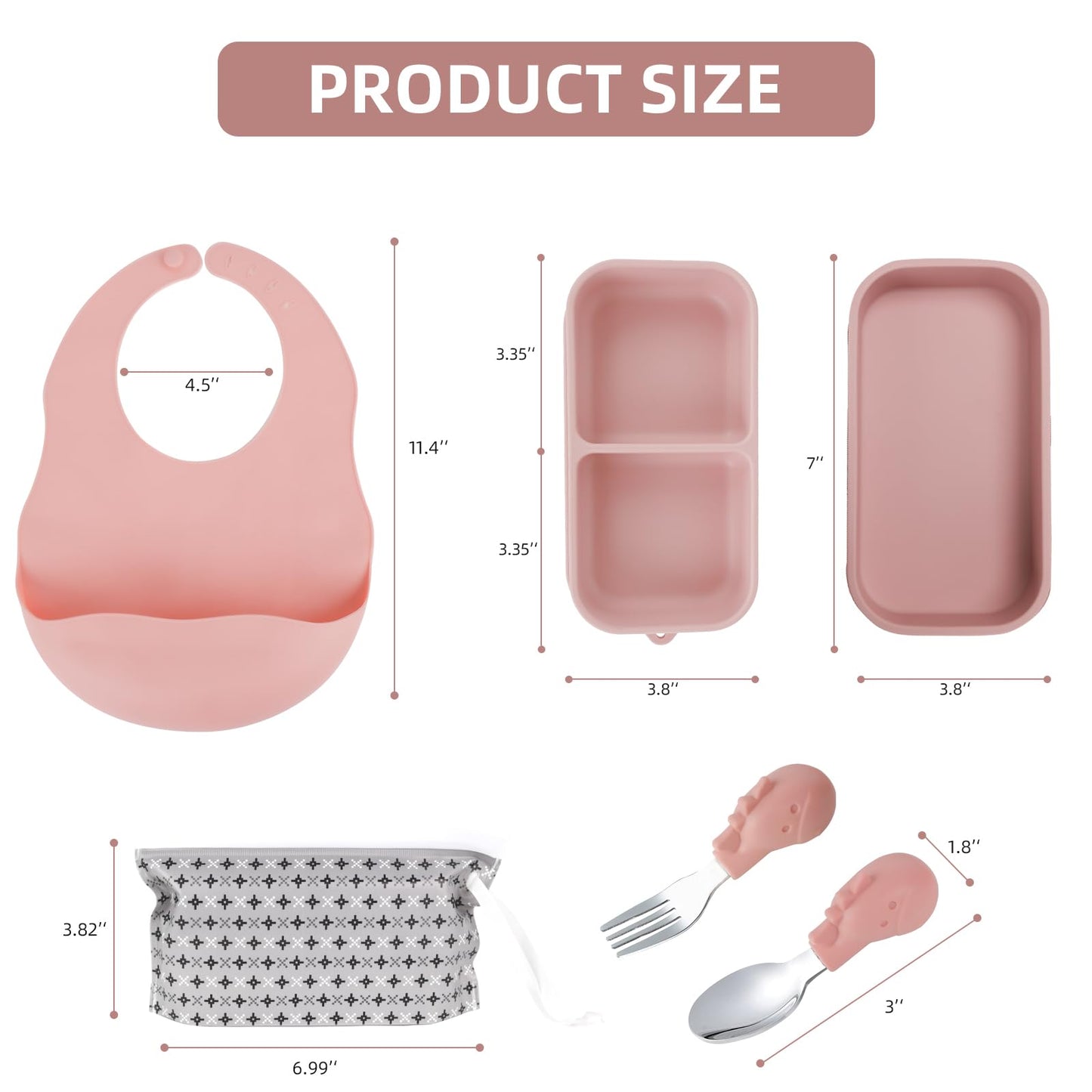 Travel Silicone Baby Feeding Set with 316 Stainless Steel Spoon & Fork ,Silicone Suction Plates, Foldable Bib, Storage Bag - Portable Infant Toddler Utensils, 6-Piece BPA-Free Dishware Kit（pink）