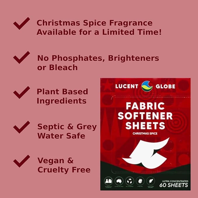 Lucent Globe Laundry Detergent Sheets - Pre-Measured Laundry Sheets - Powerful Stain Removal - Gentle on Skin & Fabrics - Works in All Washers - Convenient. (Christmas Spice Fabric Softener)