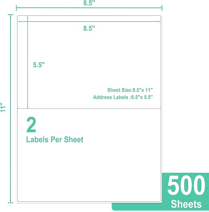 L LIKED Half Sheet Shipping Labels 2 per Sheet, 500 Sheets Printable 8.5" x 5.5" Sticker for Laser & Inkjet Printers Labels (1000 Labels)