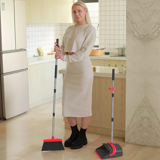 Broom and Dustpan Set,Broom with Dustpan Combo Set Dust pan with Long Handle, for Home Kitchen Room Office Lobby Floor Use Upright Stand Up(Gray&Red)