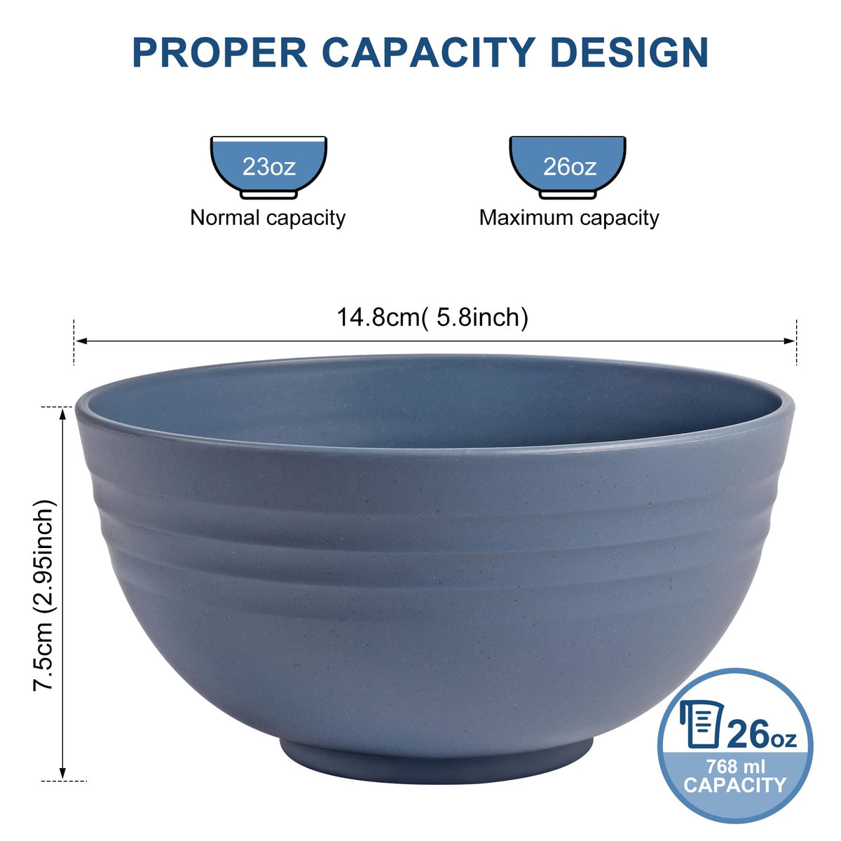 HOTEC BPA Free Unbreakable Wheat Straw Cereal Bowls - Microwave & Dishwasher Safe Soup and Salad Bowls, Set of 8, 26oz, Classic Blue