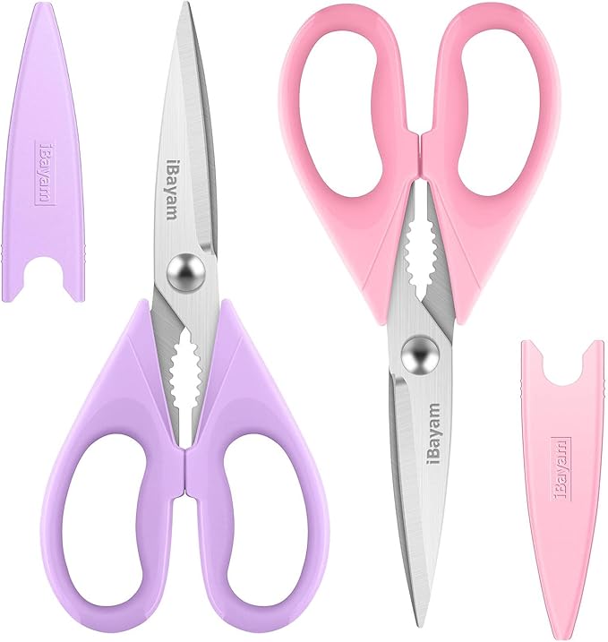 Kitchen Scissors, Purple Kitchen Utensils Accessories, All Purpose Heavy Duty Meat Scissors, Poultry Shears, Dishwasher Safe, Stainless Steel, 2-Pack, Pastel Pink, Soft Purple