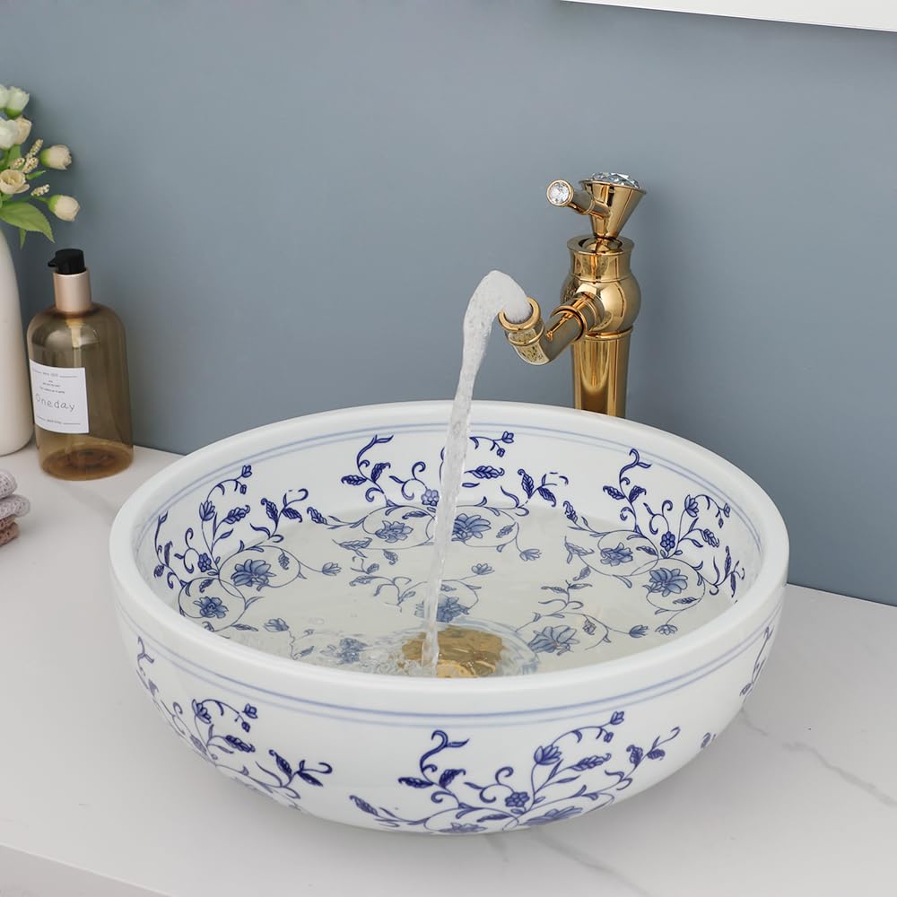 OUBONI 16 Inch Bathroom Vessel Sink, Blue and White Porcelain Ceramic Vessel Sink with Gold Faucet and Pop-up Drain Combo, Round Ceramic Bathroom Sink with Flower, Artistic Sink Bowl Above Counter