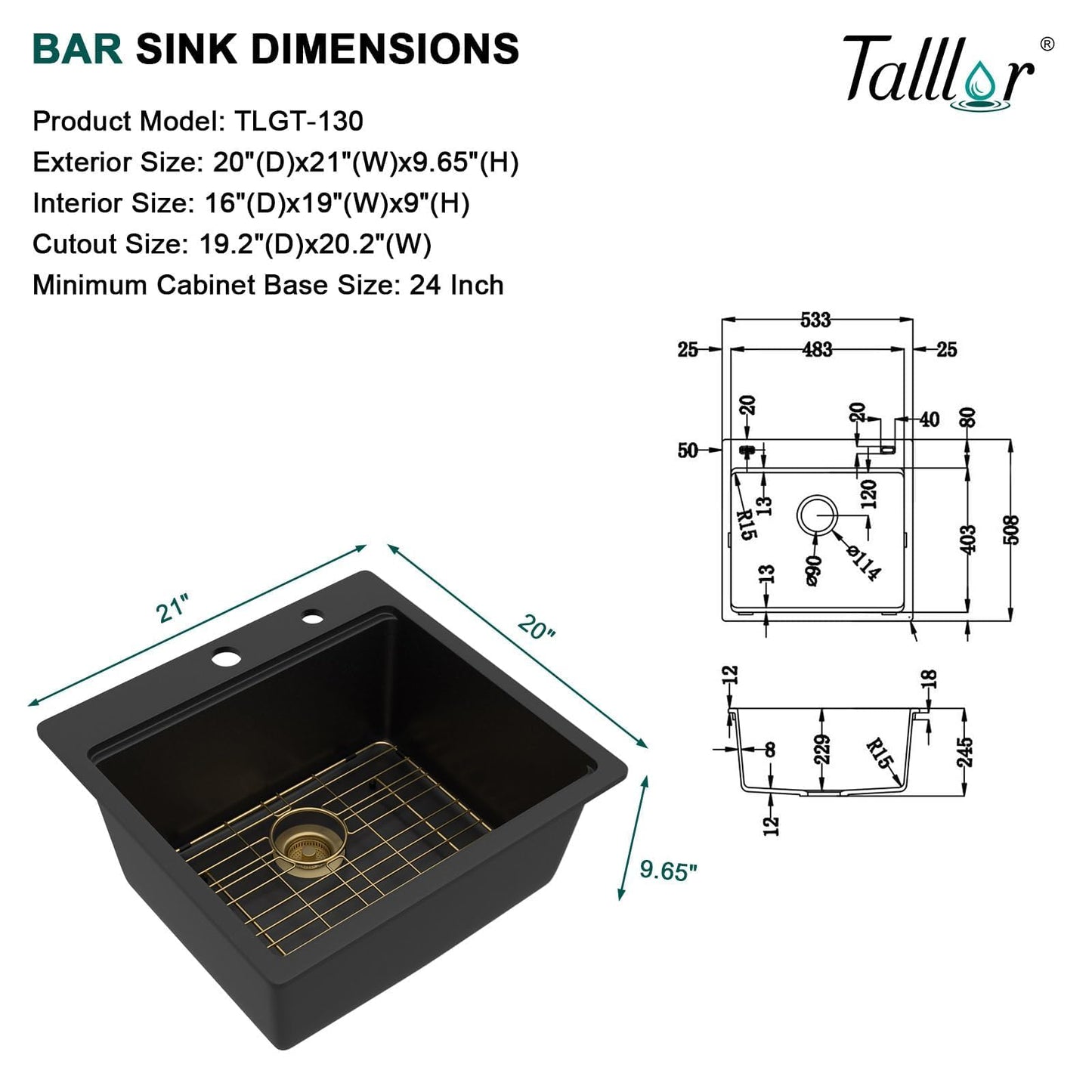 Talllor 21 Inch Drop In Bar Sink - Matte Black Granite Composite Workstation Single Bowl Small Prep Wet Sink with All-In One Gold Accessories & Cutting Board for RV, Kitchen Bar, and Boat#TLGT-130