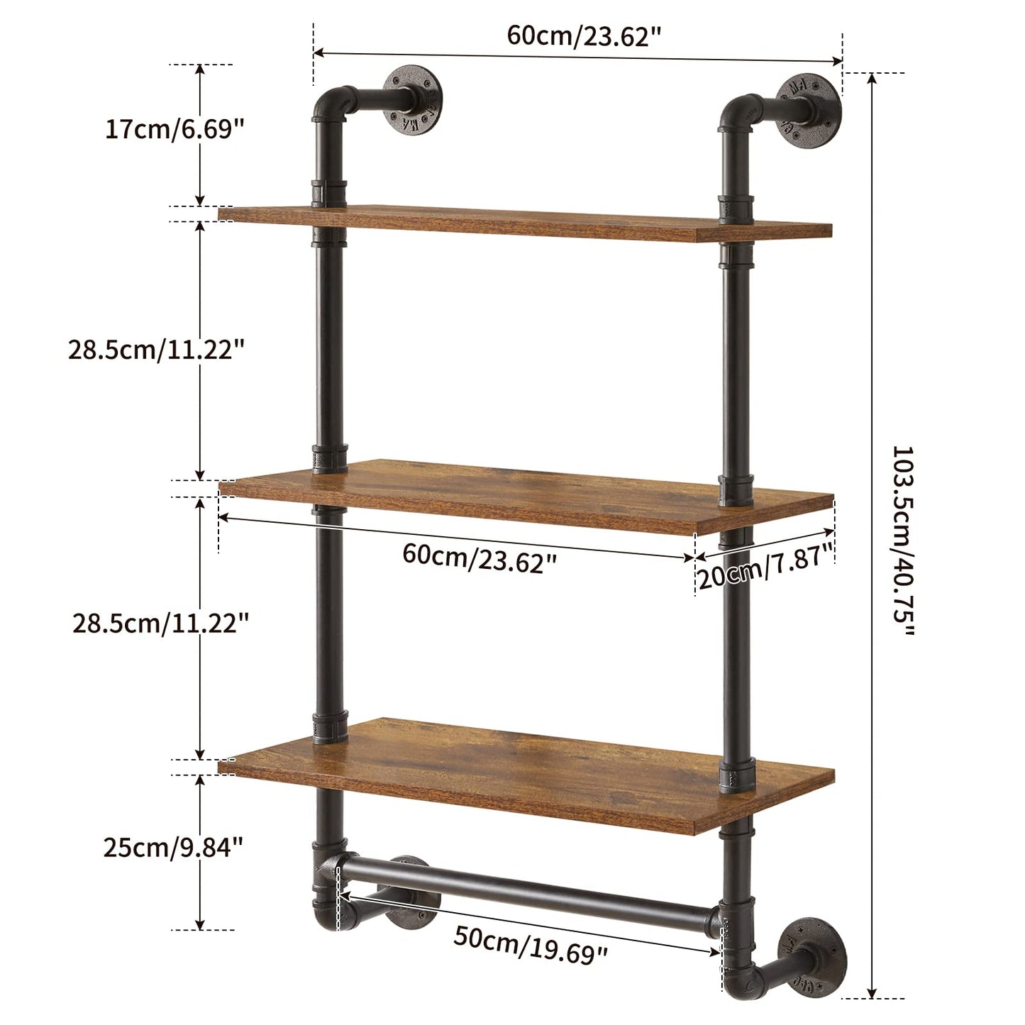 IBUYKE Industrial Pipe Shelf,40.5 inches Wall Mount Bookcase,3-Tier Wall Shelf with Towel Bar,Rustic Iron Pipe Floating Shelvesfor Bedroom,Kitchen,Living Room,Bathroom URF-TM015