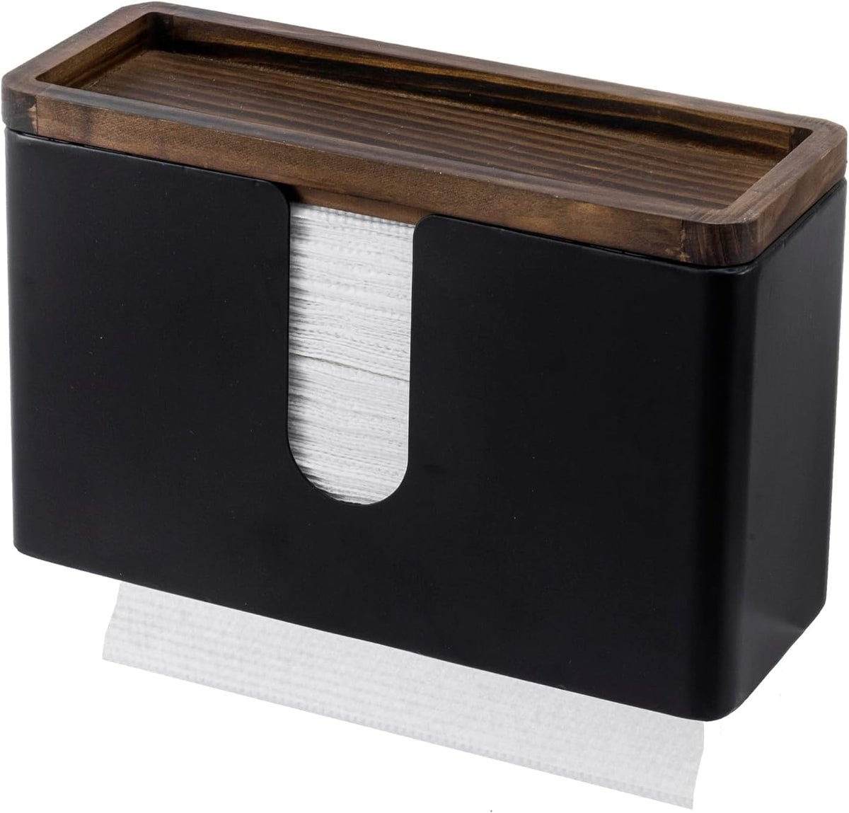 MyGift Deluxe Modern Matte Black Metal Folded Commercial Paper Towel Holder with Rustic Burnt Solid Wood Tray Lid, Wall Mounted Trifold Multifold Z Fold Disposable Napkin Dispenser