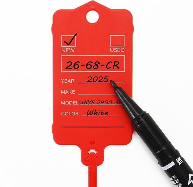 100 Car Key Tags with Labels Plastic Car Dealership Key Tags Self Locking Automotive Identifiers Blank Shop Labels with One Pen (Red)