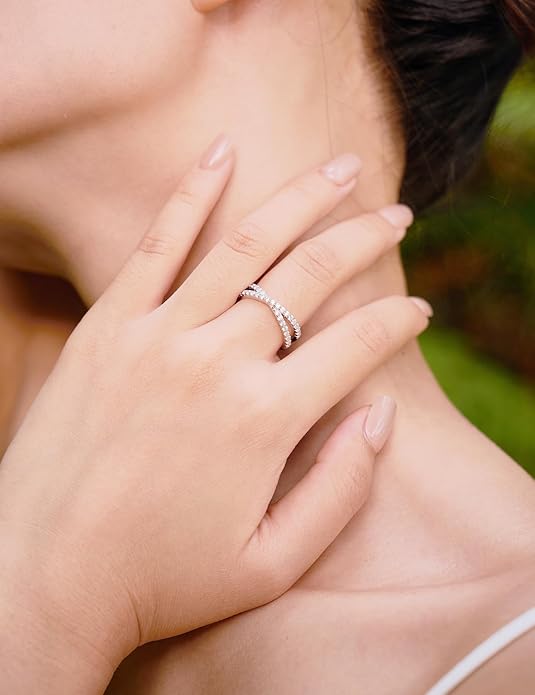 IMOLOVE Moissanite Eternity Ring, Criss Cross Wedding Bands for Women - Sterling Silver Stackable Rings Size 4-11