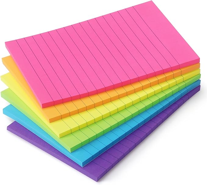 Early Buy Lined Sticky Notes with Lines 4x6 Self-Stick Notes 6 Bright Color 6 Pads, 45 Sheets/Pad