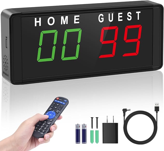 Samshow LED Electronic Scoreboard Digital Score Keeper with Remote & Tripod, Basketball Scoreboard with Shot Clock & Timer & 12/24h Real Time for Football/Corn Hole/ping Pong/Table Tennis