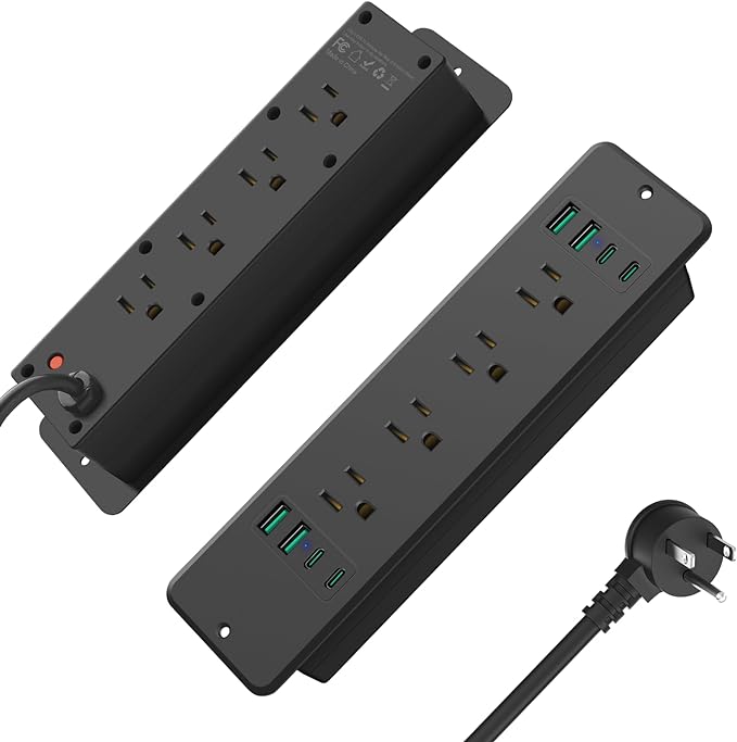 HHSOET 16 in 1 Recessed Power Strip Flat Plug, 45W Fast Charging Furniture Outlet with USB, Conference Recessed Surge Protection with 8 AC Plugs, 4 USB Ports 4 USB-C, 10ft Power Cord.(Black)
