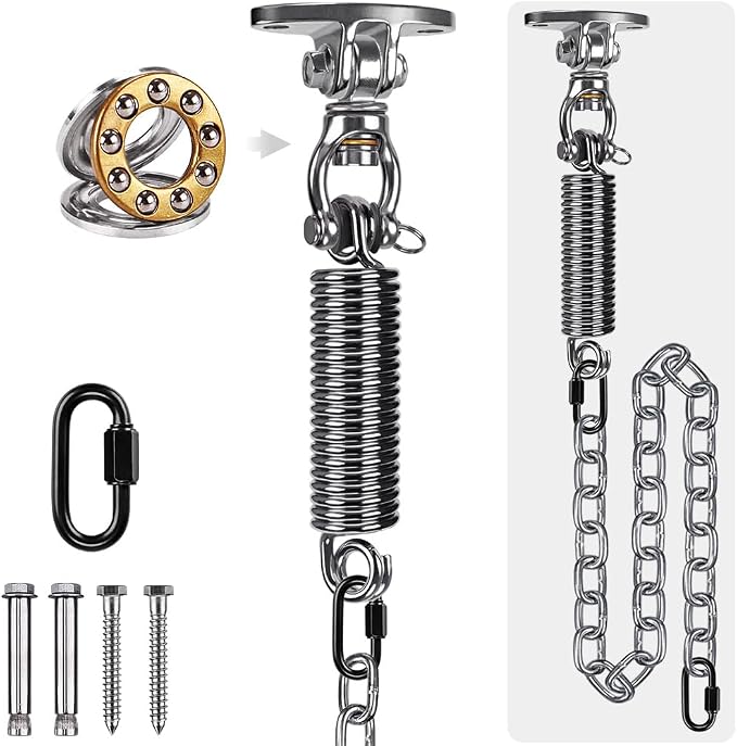SELEWARE Hammock Chair Hanging Kit, Stainless Steel Bearing Swing Hanger with Heavy Duty Spring and Chain, Ceiling Mount for Hanging Indoor Outdoor Swing, Hammock Chair, Heavy Punching Bag