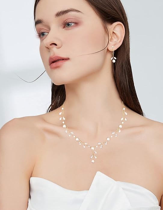 Luxury Cubic Zirconia Aurtrian Crystal Pearl Floral Necklace Dangle Earrings Wedding Bridal Jewelry Set Birthday Gifts for Her