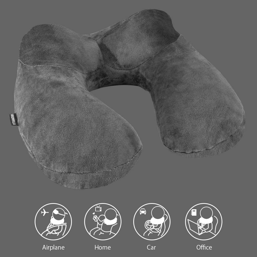 UROPHYLLA Inflatable Travel Pillow, Soft Velvet Inflatable Neck Pillow for Traveling, Airplanes, Train, Car, Office with Compact Bag, Breathable Washable Cover, Suit for Adults Sleeping - Grey