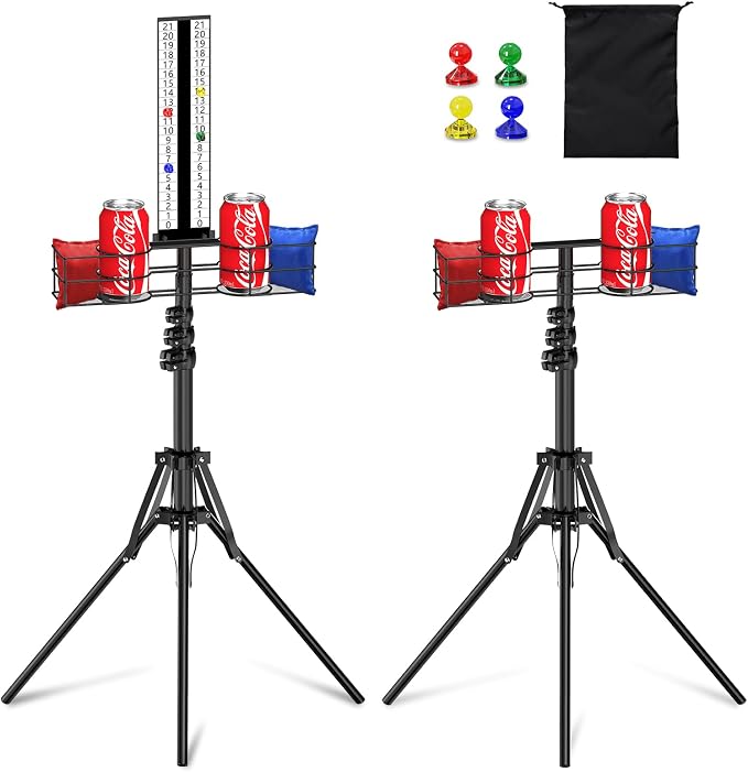 Cornhole Scoreboard with Drink Holder, Height Adjustable Foldable Cornhole Score Keeper with Storage Rack Includes 4 Magnets, 1 Storage Bag, Suitable for Outdoor Yard Games
