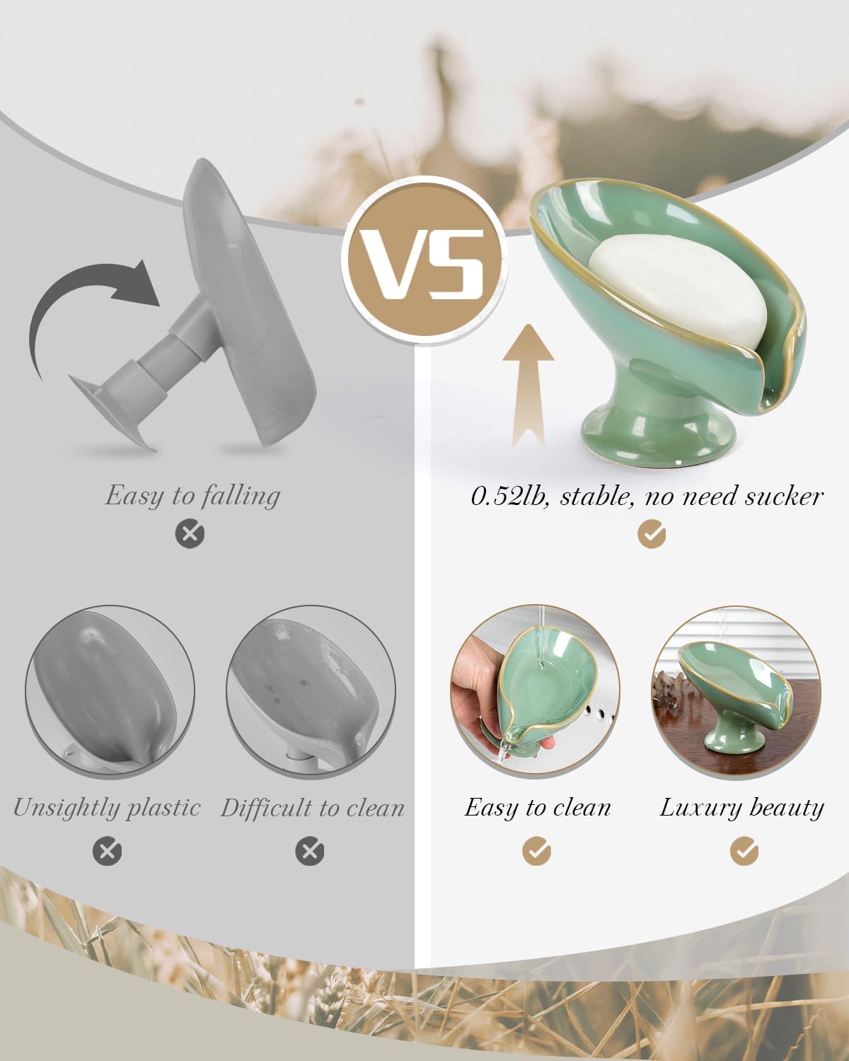 Soap Dish, Self Draining Bar Soap Holder for Bathroom Sink, Leaf Shaped Drainage Ceramic Mint Green Porcelain Decorative Soap Dish, No Suction Cup, ANTIS'S HOME