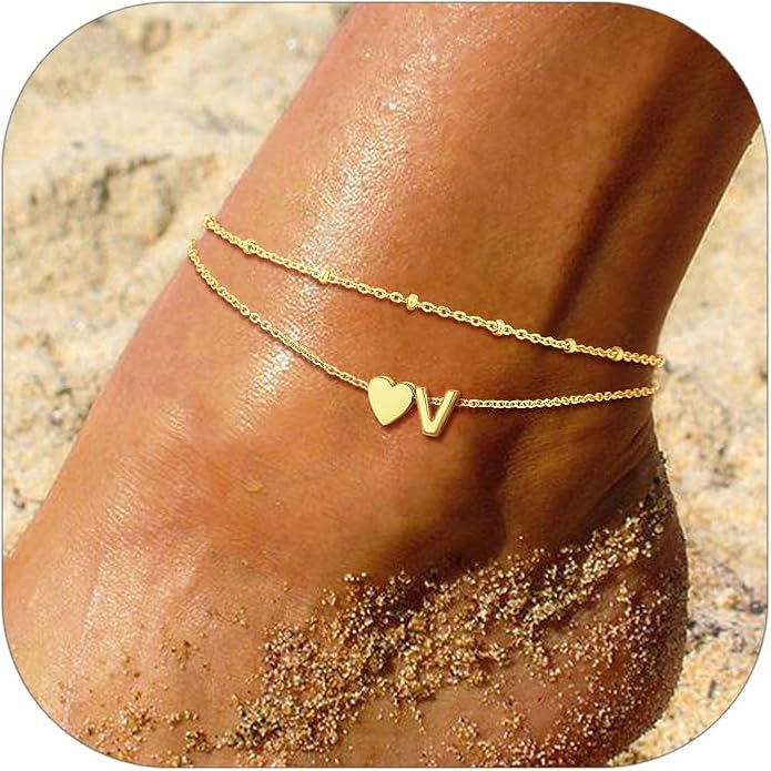 Suplight Stainless Steel Initial Ankle Bracelets for Women Layered Dainty Heart Anklet Beaded Anklets for Women Waterproof Plus Size Ankle Foot Chain Summer Essentials Jewelry(with Gift Box)