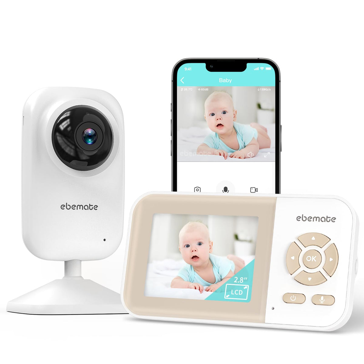 ebemate Video Baby Monitor Camera with 2.8" LCD Screen Video & Audio No Glow Night Vision,2-Way Talk Audio Cam Baby Monitoring 1200FT Range EBE28