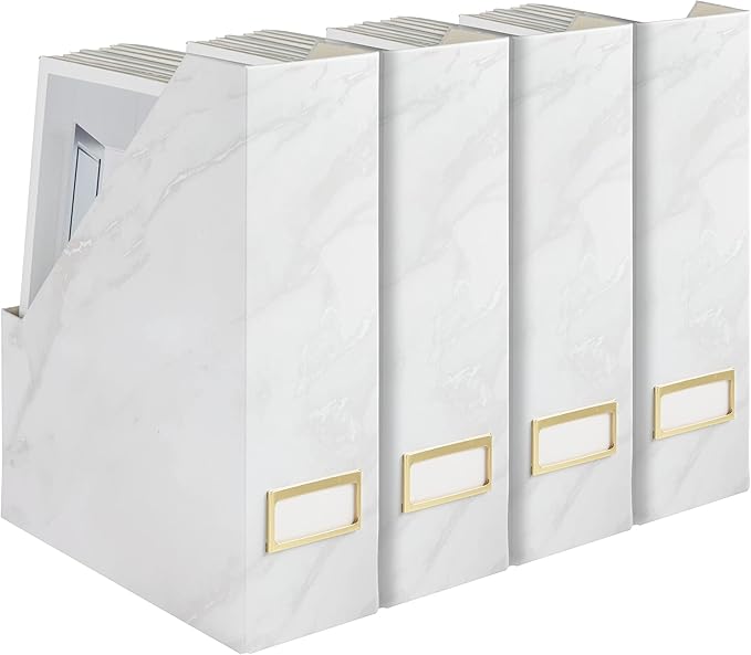 BLU MONACO Set of 4 Magazine Holders, White Marble Design with Gold Label Holders, File Holder for Desk, Magazine Storage for Home Office and Classroom