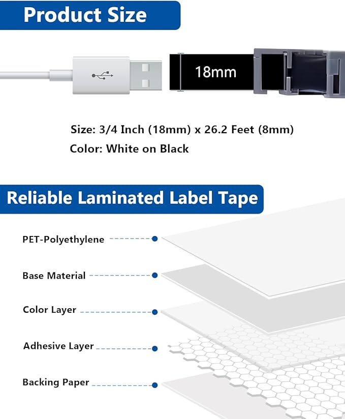 18mm 0.7" Laminated White on Black Compatible with P Touch Label Tape TZe-345 TZ345 TZe345 for Ptouch PT-D410 PT-D400 PT-D600 Label Maker, 3/4 Inch x 26.2 Feet, 3-Pack