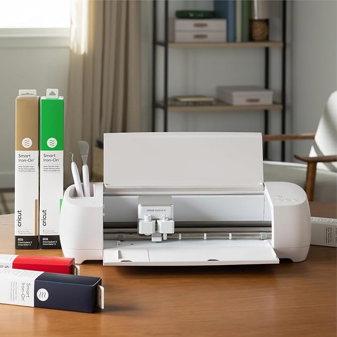 Cricut Explore 4 - Smart Cutting Machine (Seashell) | Engagement Bundle - Includes Smart Vinyl, Cardstock, Transfer Tape, Iron On HTV, Mat, Pens, Tool Kit, & 25 Images in Design Space App